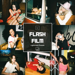 以下が含まれることがあります： カメラや電話を使用している人々を写した画像のコラージュ。コラージュの中央には「FLASH FILM Lightroom Presets」というテキストが表示されています。
