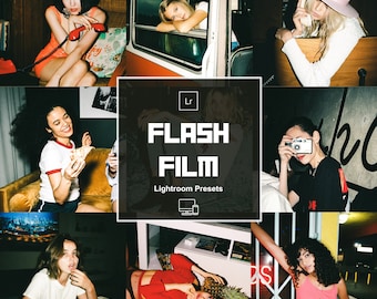 May include: A collage of images featuring people using cameras and phones. The text "FLASH FILM Lightroom Presets" is displayed in the center of the collage.