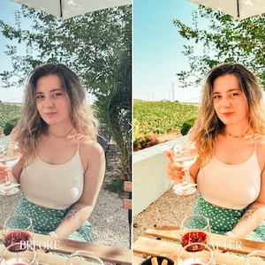Before and after summer Lightroom preset for outdoor café portrait with warm sunlight, soft skin tones and dreamy European vacation colors