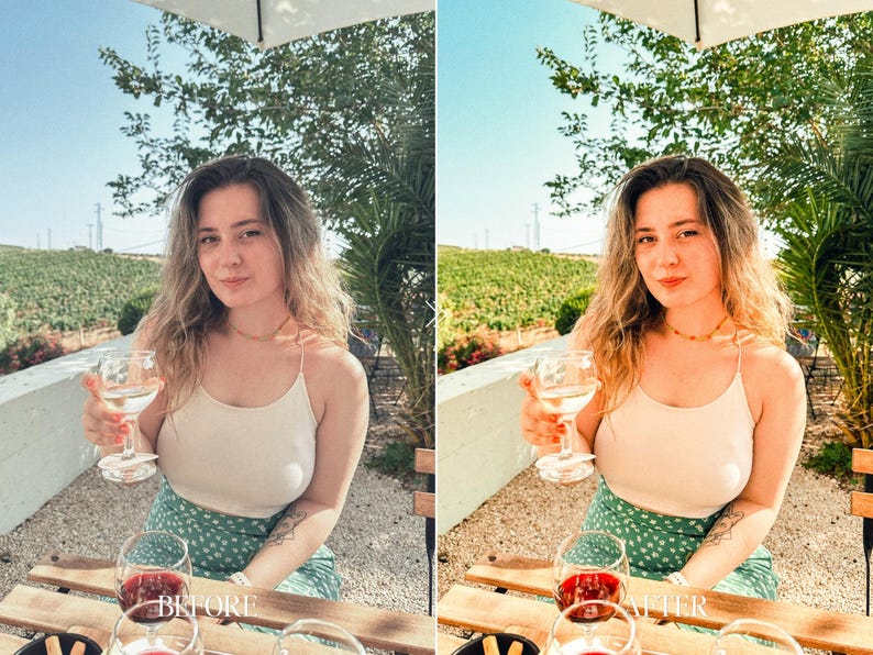 Before and after summer Lightroom preset for outdoor café portrait with warm sunlight, soft skin tones and dreamy European vacation colors
