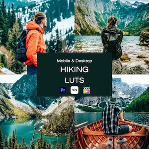May include: A collage of four images featuring outdoor scenes with mountains and lakes. The images include people hiking and boating. The text "Mobile & Desktop HIKING LUTS" is overlaid on a dark green background, with the logos for Pr, VN, and a film reel.