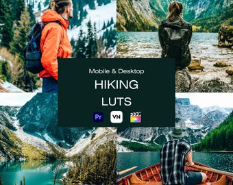 May include: A collage of four images featuring outdoor scenes with mountains and lakes. The images include people hiking and boating. The text "Mobile & Desktop HIKING LUTS" is overlaid on a dark green background, with the logos for Pr, VN, and a film reel.