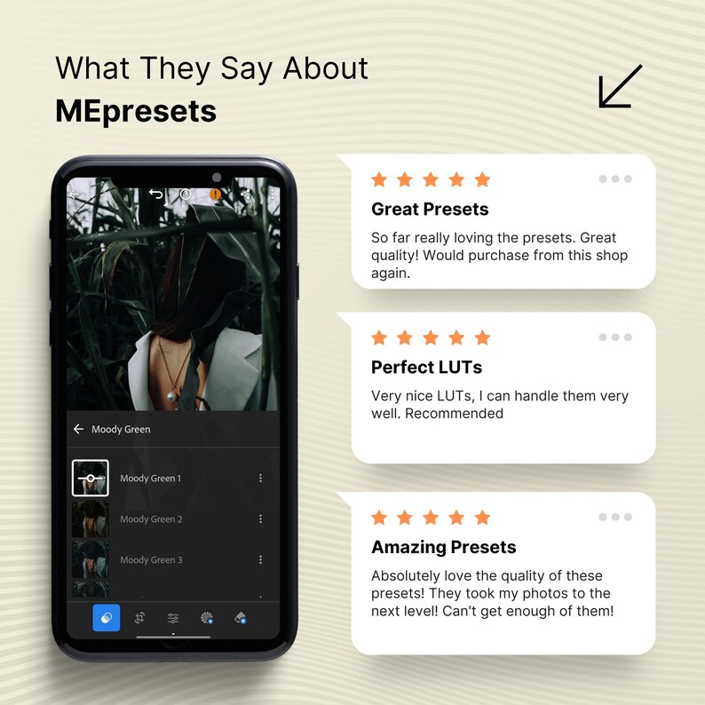 K&ouml;nnte beinhalten: Ein Smartphone zeigt eine Foto-App mit der Option "Moody Green". Nutzerbewertungen loben "Great Presets" und "Perfect LUTs" mit Sternbewertungen. Die App-Oberfl&auml;che ist sichtbar und deutet auf Bildbearbeitungsfunktionen und Bildverbesserung hin.