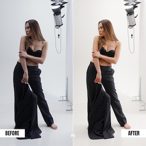 Before and after studio portrait edit using Lightroom preset showing brighter whites, smooth skin tones and soft contrast indoor photography editing