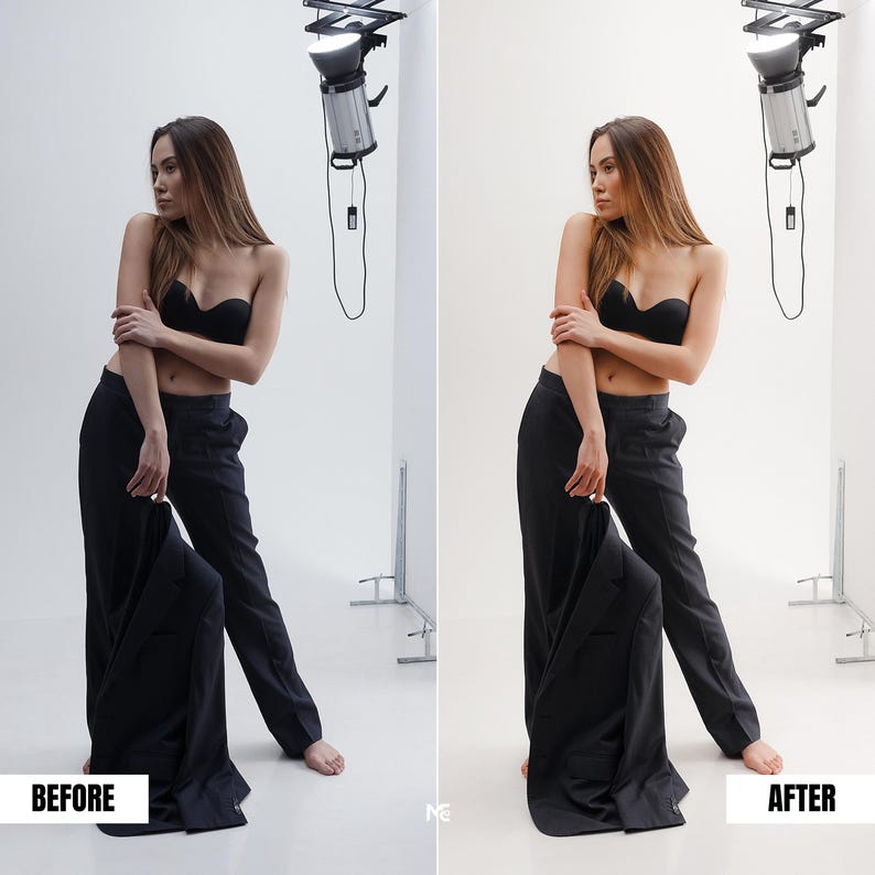 Before and after studio portrait edit using Lightroom preset showing brighter whites, smooth skin tones and soft contrast indoor photography editing