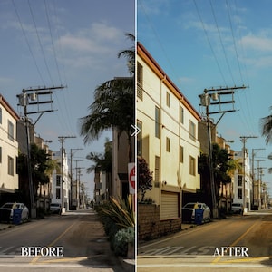Before and after urban street scene with buildings and palm trees enhanced using Fuji film preset with warm sunlight tones and vibrant color grading