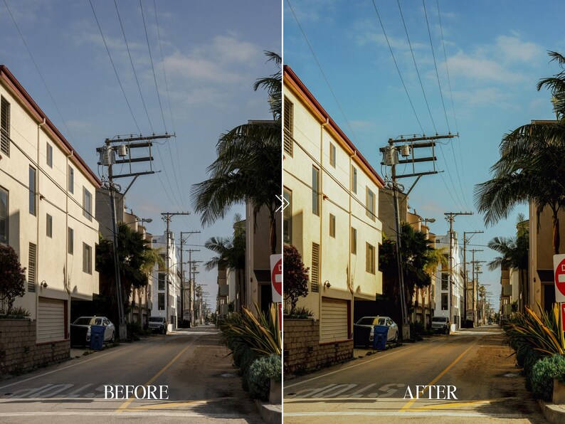 Before and after urban street scene with buildings and palm trees enhanced using Fuji film preset with warm sunlight tones and vibrant color grading