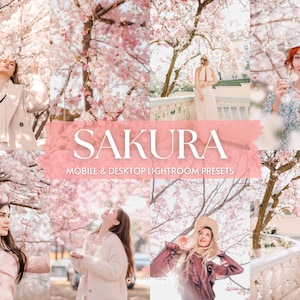 Może przedstawiać: Kolaż zdjęć przedstawiających kobiety w otoczeniu kwiatów wiśni. Obrazy prezentują tekst "SAKURA" i "MOBILE & DESKTOP LIGHTROOM PRESETS". Paleta kolorów jest miękka, z różowymi kwiatami i neutralnymi ubraniami.