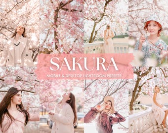 May include: A collage of images featuring women in a cherry blossom setting. The images showcase the text "SAKURA" and "MOBILE & DESKTOP LIGHTROOM PRESETS". The color palette is soft, with pink blossoms and neutral clothing.