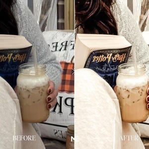 Before and after Caramel Tone Lightroom Presets with creamy beige colors, cozy coffee photography, warm lifestyle editing and Bookstagram aesthetic filters.