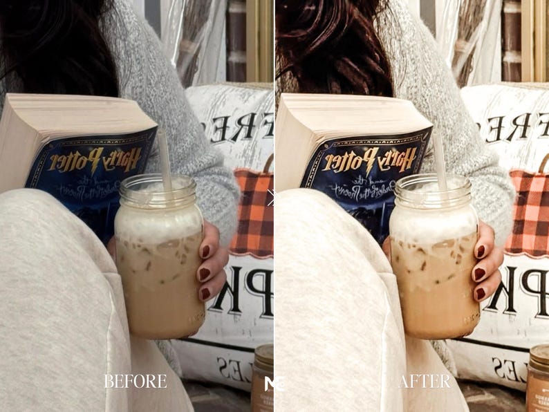 Before and after Caramel Tone Lightroom Presets with creamy beige colors, cozy coffee photography, warm lifestyle editing and Bookstagram aesthetic filters.