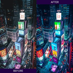 K&ouml;nnte beinhalten: Draufsicht auf den Times Square bei Nacht, mit beleuchteten Werbetafeln und Wolkenkratzern. Das Bild ist in "VORHER" und "NACHHER" Abschnitte unterteilt, die den Kontrast von Licht und Farbe hervorheben. Die "NACHHER" Seite hat verbesserte Neonfarben.