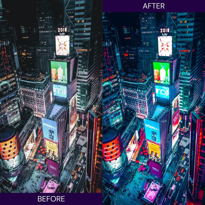 K&ouml;nnte beinhalten: Draufsicht auf den Times Square bei Nacht, mit beleuchteten Werbetafeln und Wolkenkratzern. Das Bild ist in "VORHER" und "NACHHER" Abschnitte unterteilt, die den Kontrast von Licht und Farbe hervorheben. Die "NACHHER" Seite hat verbesserte Neonfarben.