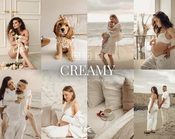May include: A digital collection of photo editing presets titled CREAMY MOBILE & DESKTOP LIGHTROOM PRESETS, featuring eight varied lifestyle images including portraits, a dog, a beach scene, and a coffee cup, all with a warm, soft aesthetic.