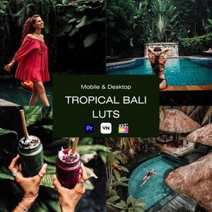 May include: A collage of images featuring a woman in a red dress, a woman in a swimsuit by a pool, and a woman in a red dress floating in a pool. The images are surrounded by a green background with the text "Mobile & Desktop TROPICAL BALI LUTS Pr VN" in white.