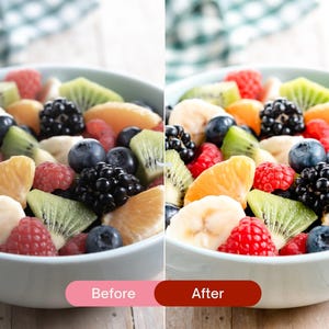 Before and after food photography edited with color pop Lightroom presets, highlighting vibrant fruit colors, enhanced contrast, and bright clean tones.