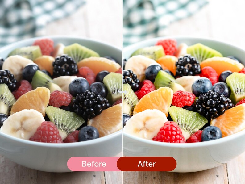 Before and after food photography edited with color pop Lightroom presets, highlighting vibrant fruit colors, enhanced contrast, and bright clean tones.