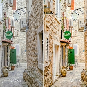 Before and after European travel preset enhancing stone alley street photo with warm textures, Mediterranean tones and luxury summer atmosphe