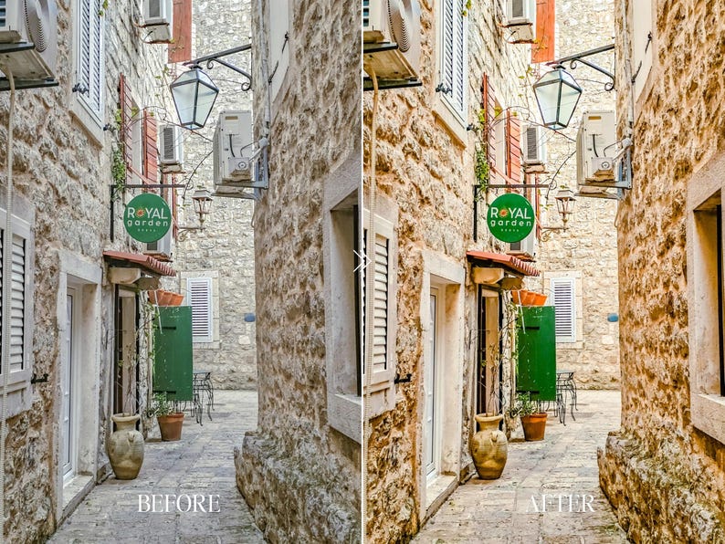 Before and after European travel preset enhancing stone alley street photo with warm textures, Mediterranean tones and luxury summer atmosphe