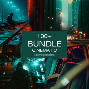 May include: A collage of four images showcasing a city at night with neon lights and a person walking in the rain. The text "100+ BUNDLE CINEMATIC LIGHTROOM PRESETS" is displayed in the center of the collage.