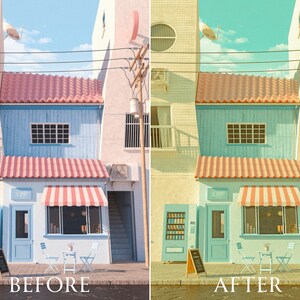 Pu&ograve; includere: Un'immagine del prima e del dopo di un edificio con una facciata azzurra e una tenda a strisce rosse e bianche. Il testo "BEFORE" e "AFTER" &egrave; visualizzato nella parte inferiore dell'immagine. L'edificio &egrave; un piccolo caff&egrave;.