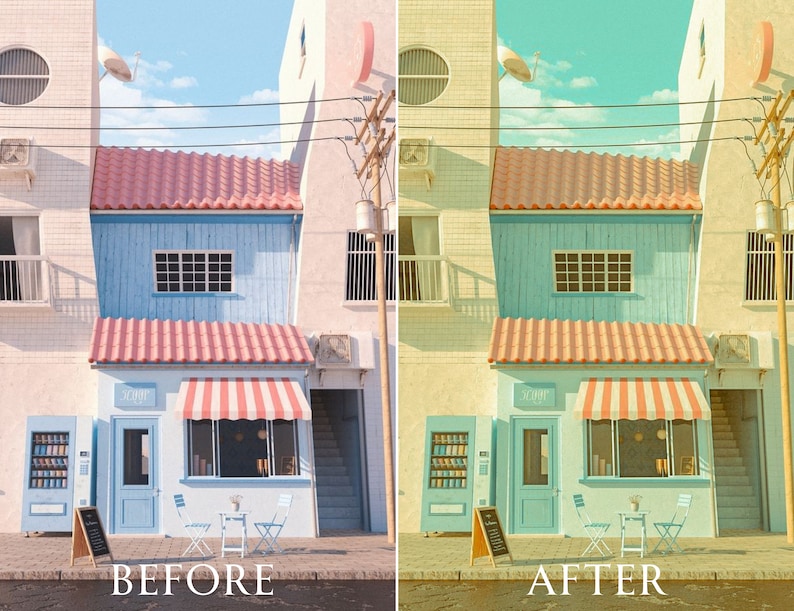 Pu&ograve; includere: Un'immagine del prima e del dopo di un edificio con una facciata azzurra e una tenda a strisce rosse e bianche. Il testo "BEFORE" e "AFTER" &egrave; visualizzato nella parte inferiore dell'immagine. L'edificio &egrave; un piccolo caff&egrave;.