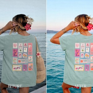 Beach sunset Lightroom preset before and after with vibrant blue ocean soft pastel colors and summer aesthetic tones