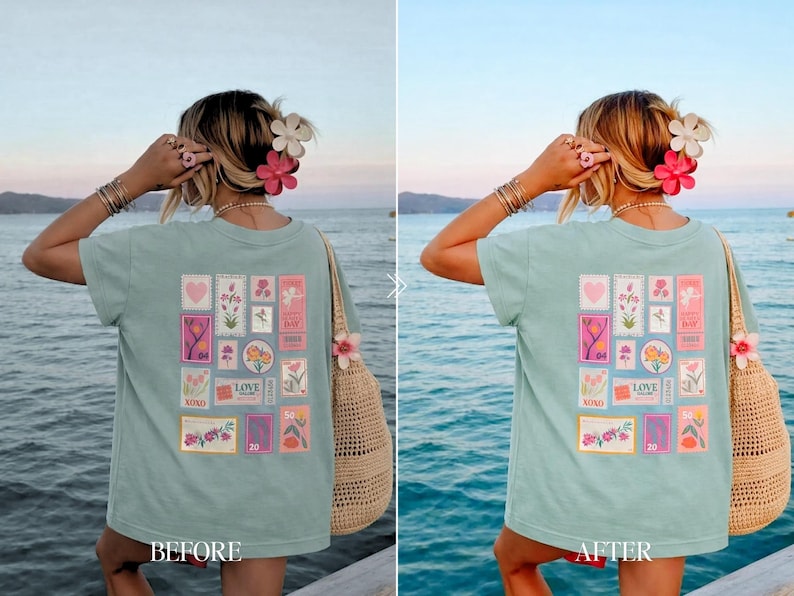 Beach sunset Lightroom preset before and after with vibrant blue ocean soft pastel colors and summer aesthetic tones