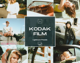 Könnte beinhalten: Eine Collage von Bildern mit Vintage-Ästhetik. Das zentrale Bild zeigt den Text "KODAK FILM Lightroom Presets". Umgebende Bilder zeigen Menschen und Autos, mit einer warmen, verblassten Farbpalette. Das Gesamtthema deutet auf einen Filmfotografie-Stil hin.