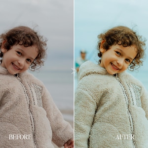 Before and after portrait of smiling child enhanced with Fuji film preset adding soft skin tones, warm highlights, and dreamy vintage effect