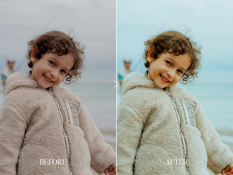 Before and after portrait of smiling child enhanced with Fuji film preset adding soft skin tones, warm highlights, and dreamy vintage effect