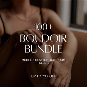Op de afbeelding: Een grafisch ontwerp voor een digitale productbundel met de tekst "100+ Boudoir Bundle", "Mobile & Desktop Lightroom Presets" en "Tot 70% korting".