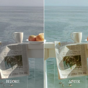 Before and after still life of coffee and fruit by the sea edited with Fuji film preset showing warm tones, soft contrast, and nostalgic film look