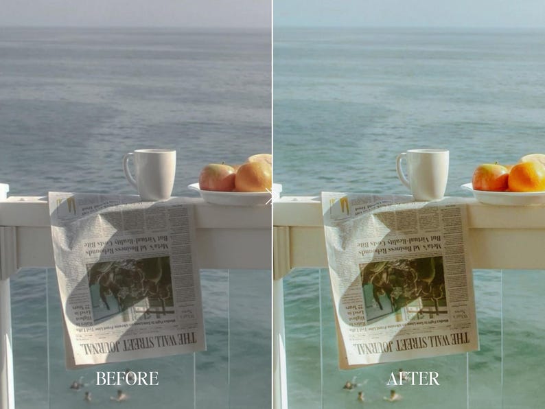 Before and after still life of coffee and fruit by the sea edited with Fuji film preset showing warm tones, soft contrast, and nostalgic film look