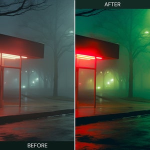 May include: A foggy street scene at night with a red neon sign above a storefront. The street is wet and the fog is thick, creating a mysterious atmosphere.