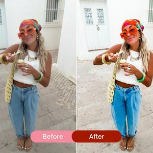 Before and after casual lifestyle photo edited with colorful Lightroom presets, featuring brighter blues, warm tones, and a fresh summer Instagram look.