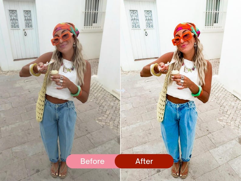 Before and after casual lifestyle photo edited with colorful Lightroom presets, featuring brighter blues, warm tones, and a fresh summer Instagram look.