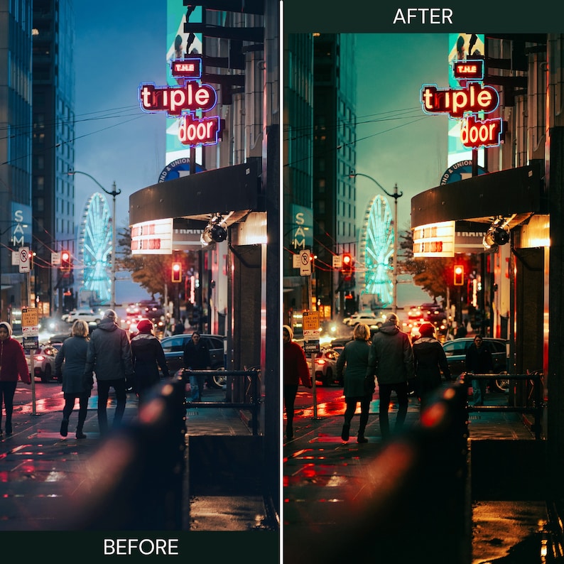May include: A nighttime city street scene with a red neon sign that reads "THE triple door" above a building. There are people walking on the sidewalk and cars driving on the street. The street is wet from rain and there is a Ferris wheel in the background.