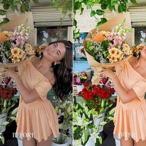 Flower shop Lightroom preset transformation with rich colorful flowers bright greens and soft natural skin editing