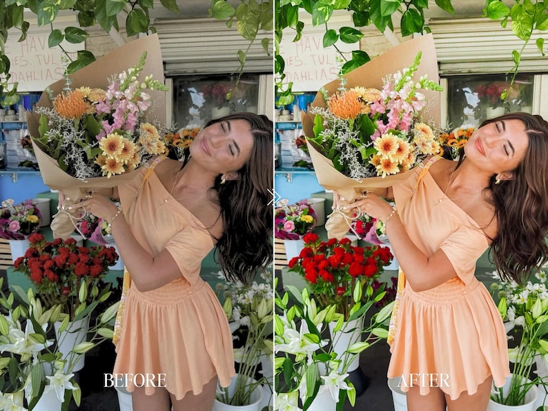 Flower shop Lightroom preset transformation with rich colorful flowers bright greens and soft natural skin editing