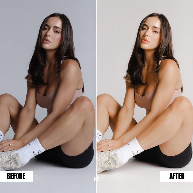 Portrait Lightroom preset before and after comparison improving skin tone warmth, soft highlights and Instagram ready indoor photo editing