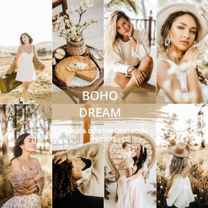 May include: A collage of images featuring a variety of people in a bohemian style. The images include a woman in a white dress, a woman in a white sweater, a woman in a white dress with a baby, and a woman in a white dress with a hat. The images are all set in a natural setting with a warm, inviting feel. The text "BOHO DREAM" is featured in the center of the collage.