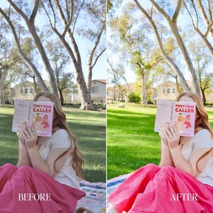 Picnic reading photo before and after with vibrant green grass colorful summer tones and true to color editing