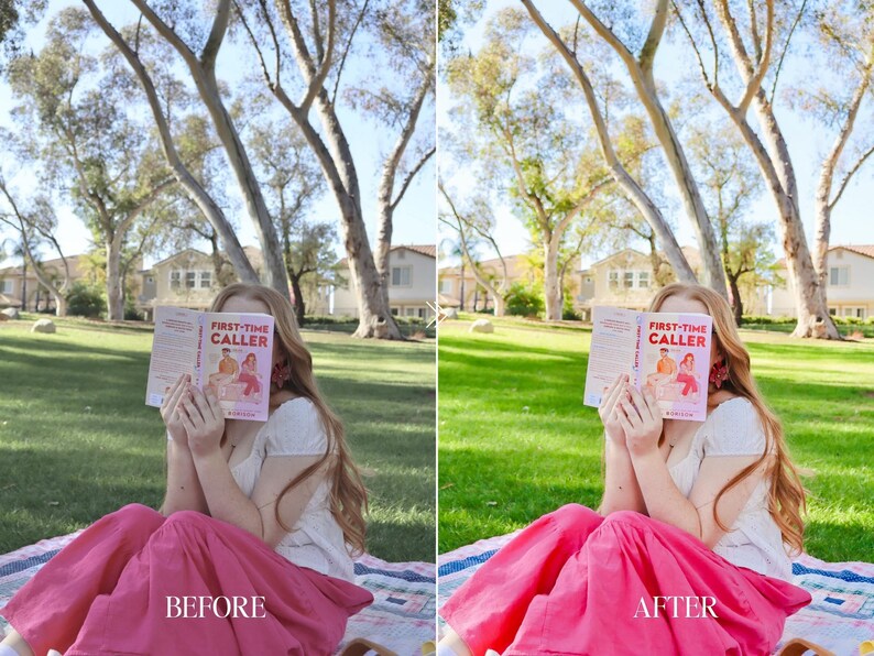 Picnic reading photo before and after with vibrant green grass colorful summer tones and true to color editing