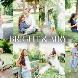 May include: A collection of eight bright and airy photographs featuring people and a dog in outdoor settings, with the text BRIGHT & AIRY MOBILE & DESKTOP LIGHTROOM PRESETS displayed across the center of the collage of images.