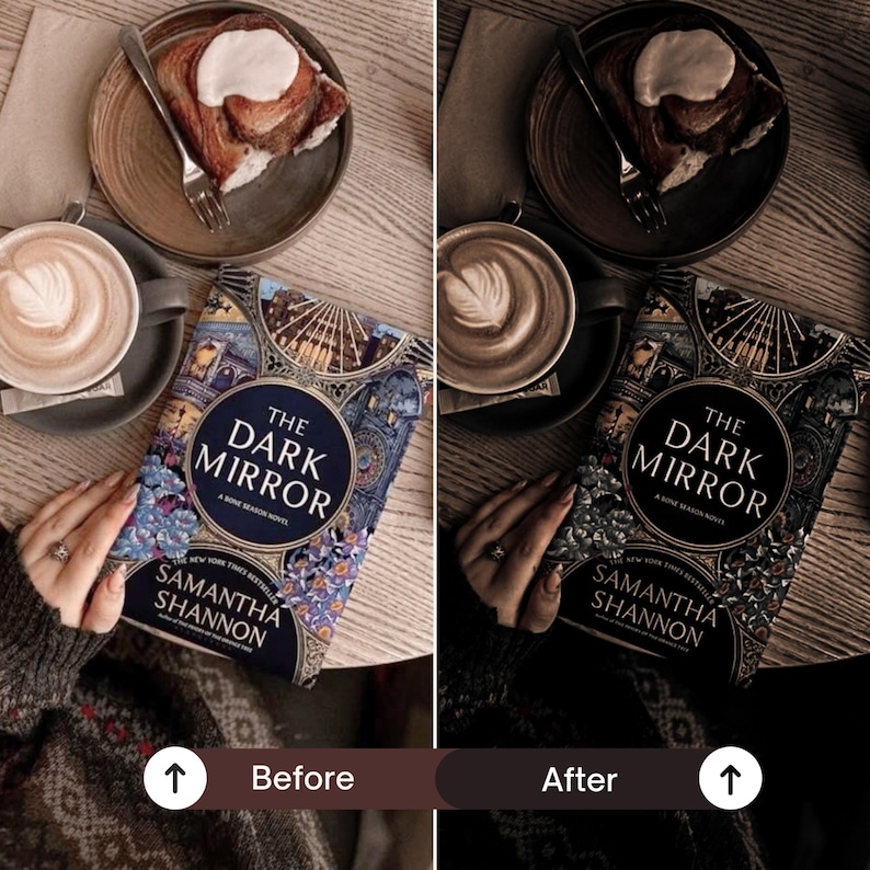 Before and after Dark Academia Lightroom Presets comparison featuring moody coffee photography, vintage books, rich brown tones, cozy café aesthetic and Bookstagram editing.