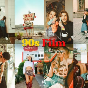 Op de afbeelding: Een digitale collectie van 90s film Lightroom-presets voor mobiel en desktop, met een collage van foto's in retrostijl, waaronder verkeersborden, vintage motels en diverse lifestyle-scènes met een warme, nostalgische uitstraling.