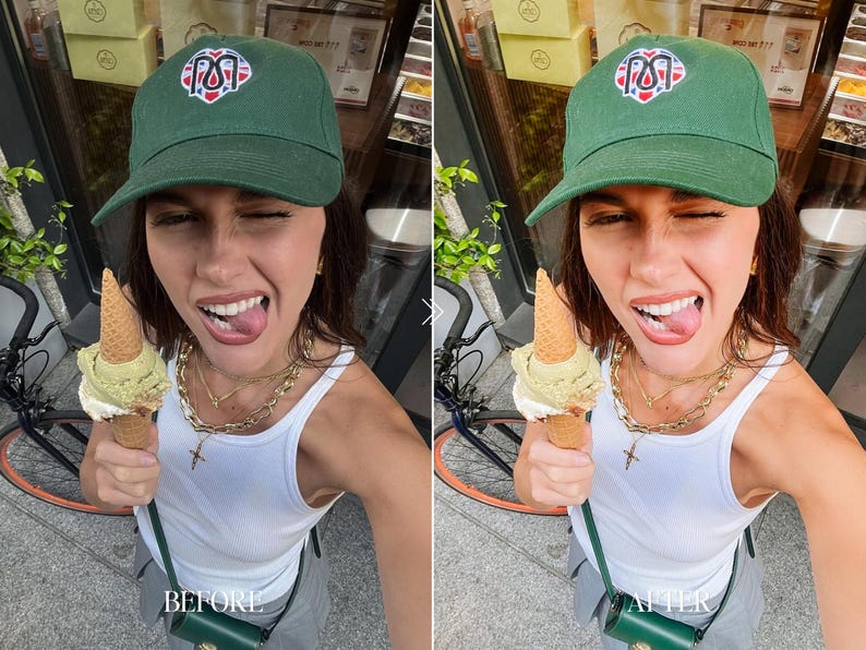 Ice cream selfie before and after using true to color Lightroom presets with vibrant skin tones and summer aesthetic editing
