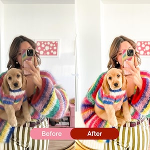 Before and after indoor lifestyle photo edited with vibrant Lightroom presets, showing enhanced rainbow colors, bold saturation, and a clean Instagram aesthetic.
