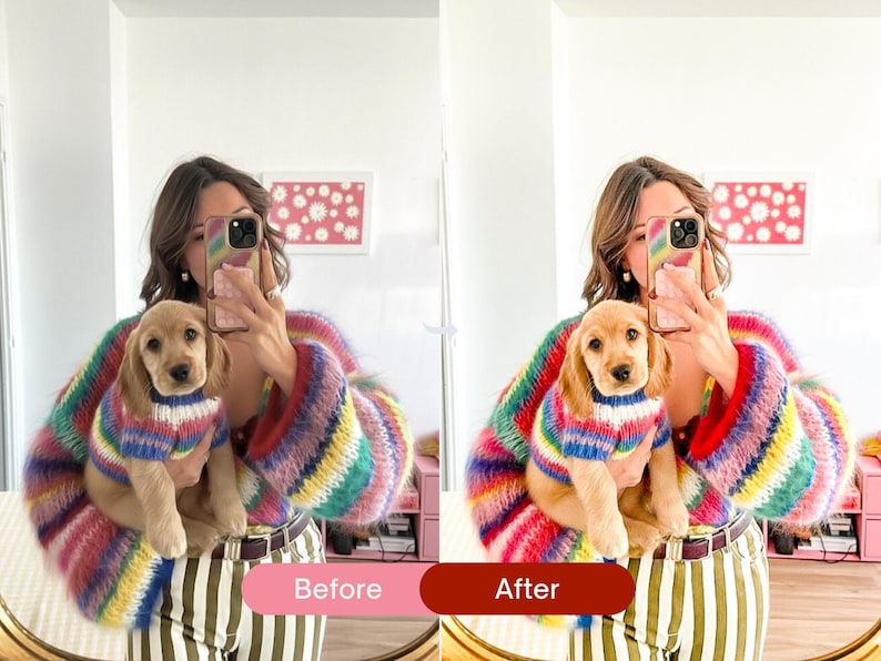 Before and after indoor lifestyle photo edited with vibrant Lightroom presets, showing enhanced rainbow colors, bold saturation, and a clean Instagram aesthetic.